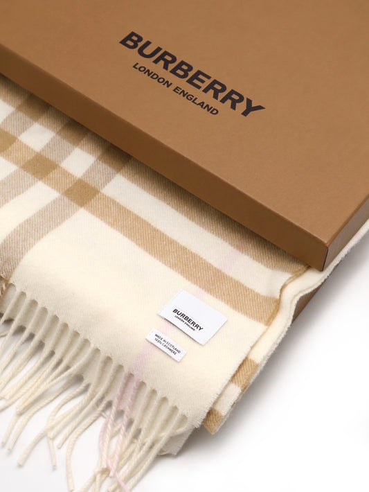 BURBERRY 經典格紋流蘇圍巾 - 米