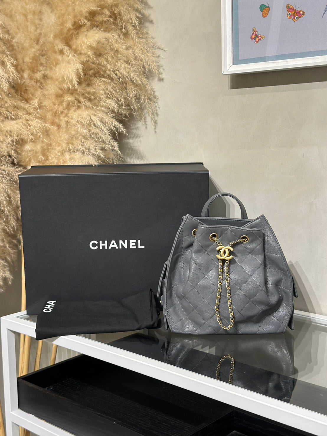 CHANEL 25B束口雙肩後背包 - 深灰金