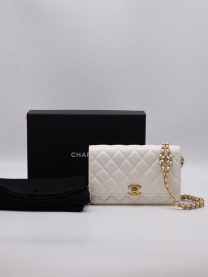 CHANEL 23P皮穿鍊雙C造型WOC - 白金