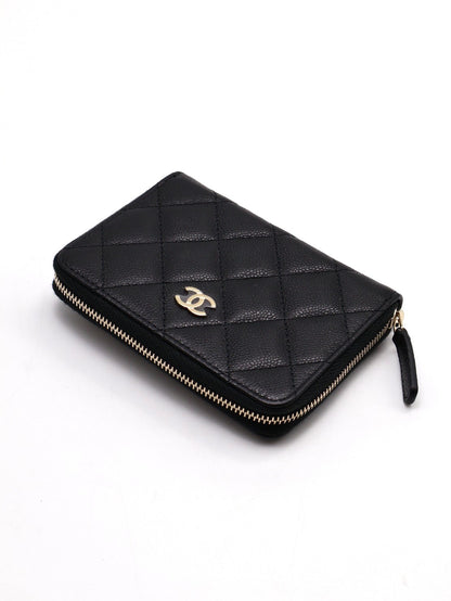 CHANEL 粒面牛皮拉鍊短夾 - 黑金