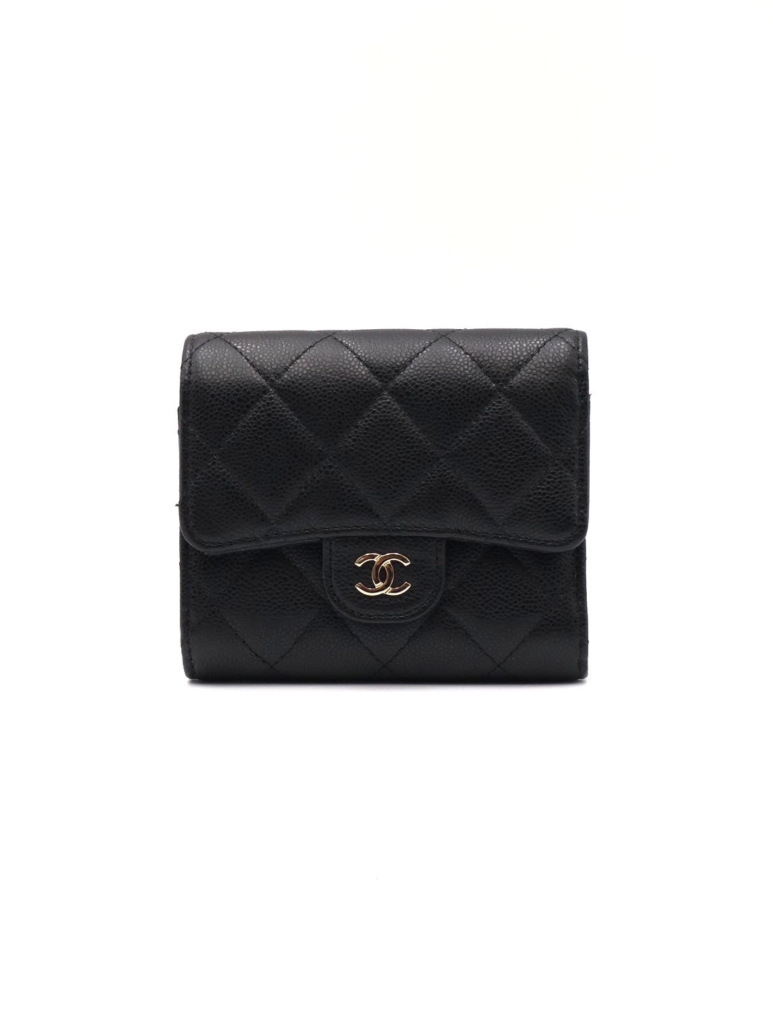 CHANEL 經典口蓋拉鍊零錢袋三折短夾 - 黑金
