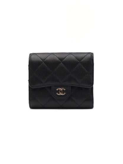 CHANEL 經典口蓋拉鍊零錢袋三折短夾 - 黑金