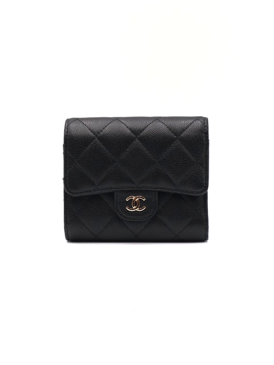 CHANEL 經典口蓋拉鍊零錢袋三折短夾 - 黑金