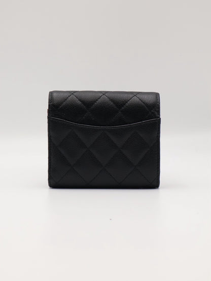 CHANEL 經典口蓋拉鍊零錢袋三折短夾 - 黑金