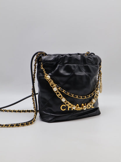 CHANEL 22 Mini Bag 珍珠雙C鍊 - 黑金