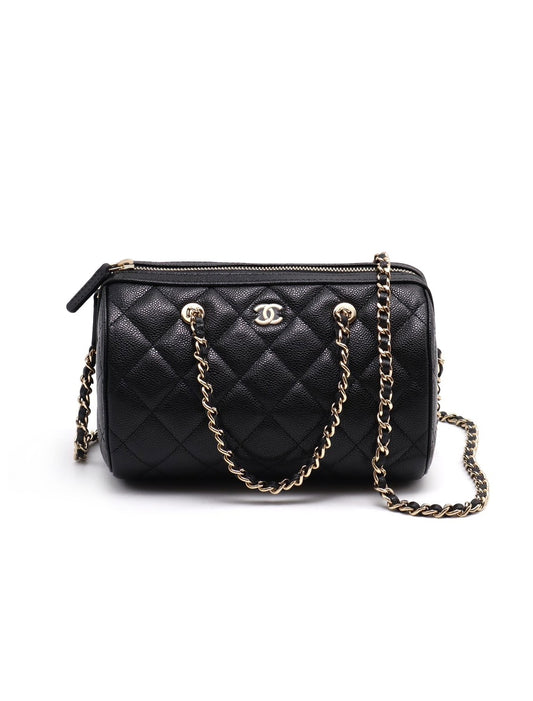 CHANEL 菱格紋粒面牛皮保齡球包 - 黑金
