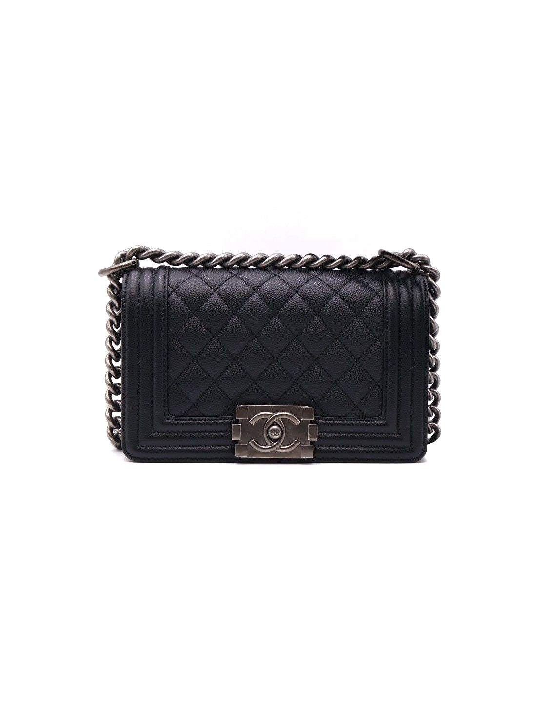 CHANEL Boy20 粒面牛皮口蓋包 - 黑銀