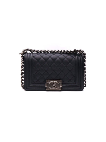CHANEL Boy20 粒面牛皮口蓋包 - 黑銀