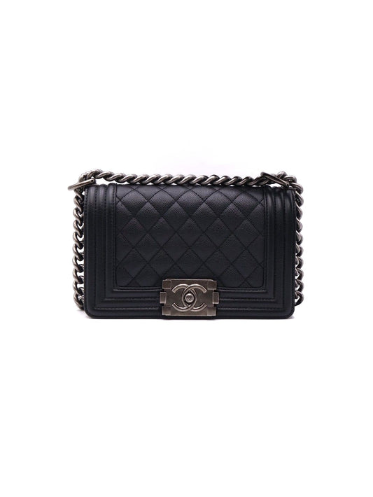 CHANEL Boy20 粒面牛皮口蓋包 - 黑銀