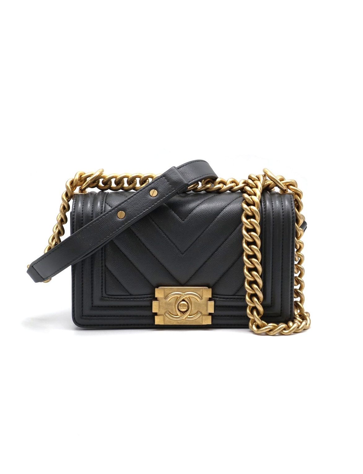 CHANEL Boy20 V紋粒面牛皮口蓋包 - 鐵灰金