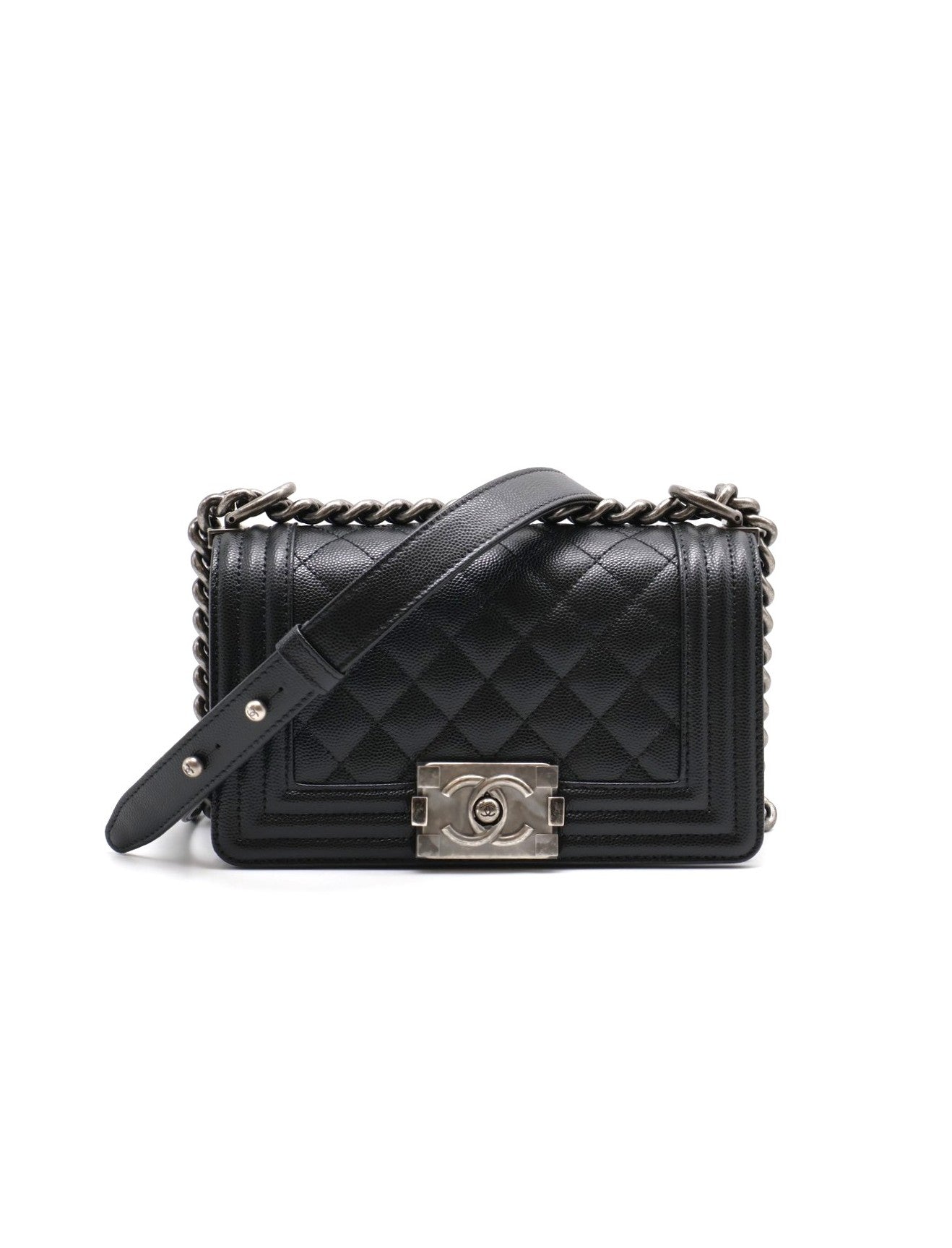 CHANEL Boy20 粒面牛皮口蓋包 - 黑銀