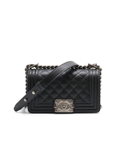 CHANEL Boy20 粒面牛皮口蓋包 - 黑銀