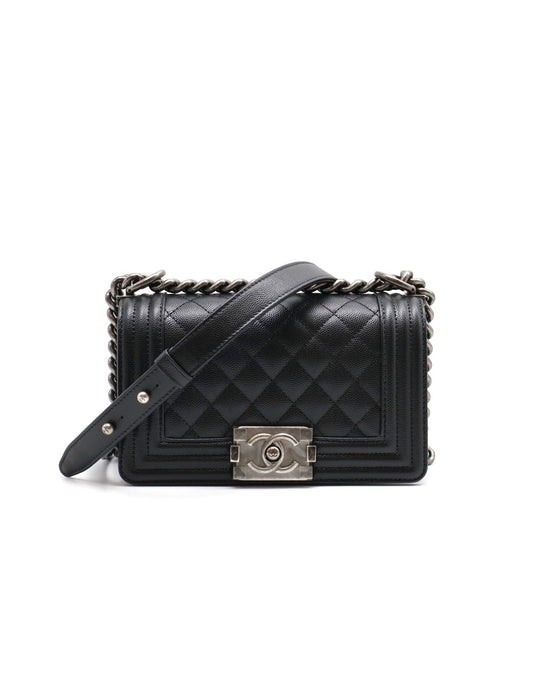 CHANEL Boy20 粒面牛皮口蓋包 - 黑銀