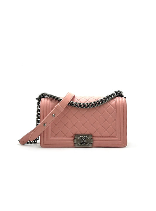 CHANEL Boy25 牛皮口蓋包 - 粉銀20開