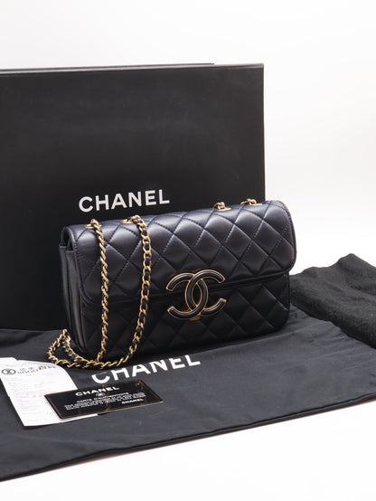 CHANEL 皮釦雙層口蓋包 21 - 深藍金26開