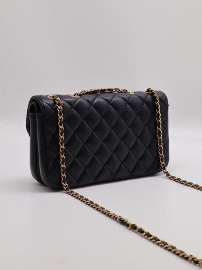 CHANEL 皮釦雙層口蓋包 21 - 深藍金26開