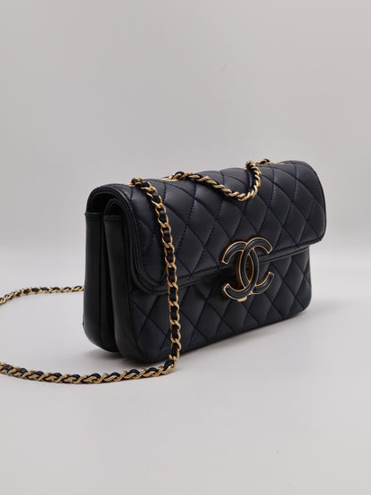 CHANEL 皮釦雙層口蓋包 21 - 深藍金26開