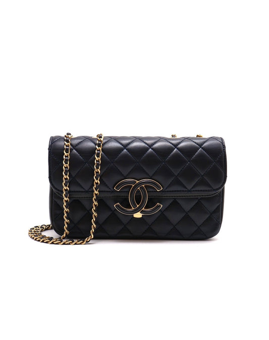 CHANEL 皮釦雙層口蓋包 21 - 深藍金26開