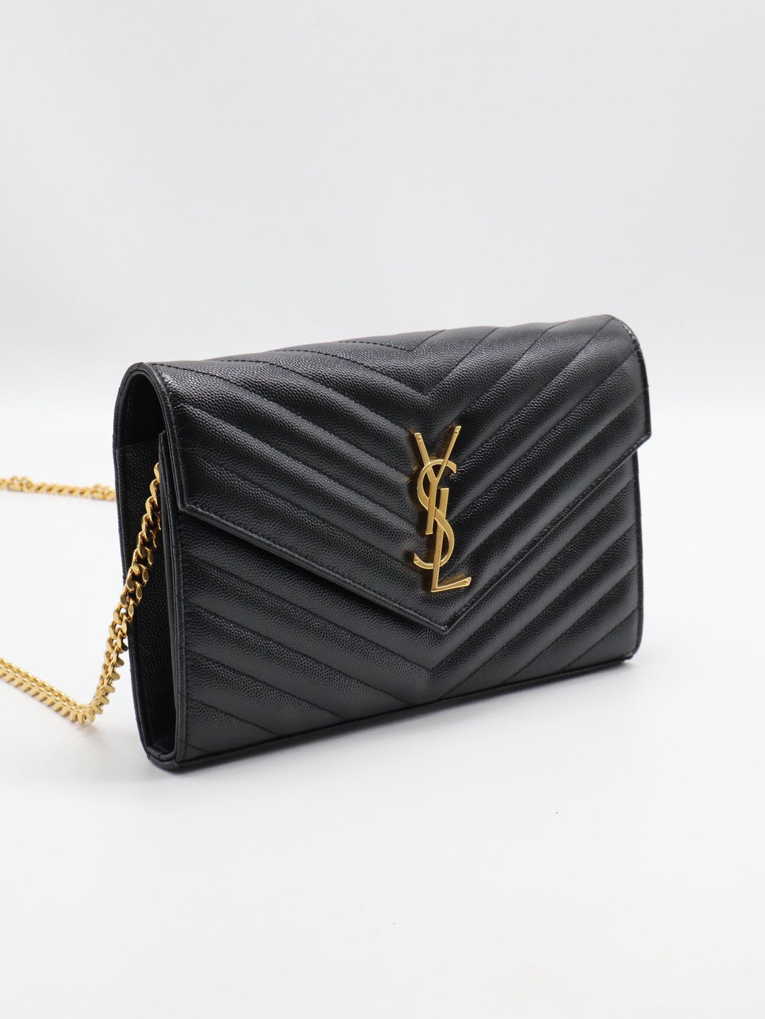 YSL 經典V紋粒面牛皮WOC - 22 黑金
