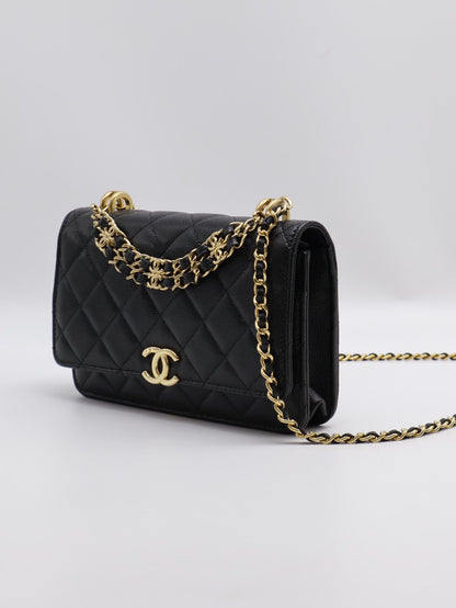 CHANEL 22K雙C皮穿鍊WOC - 粒面牛皮黑金