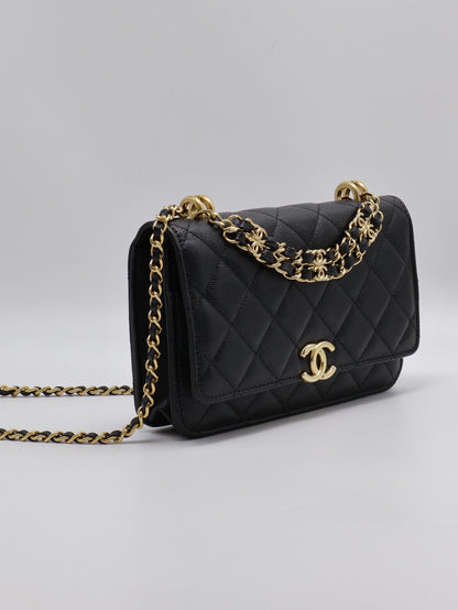 CHANEL 22K雙C皮穿鍊WOC - 粒面牛皮黑金