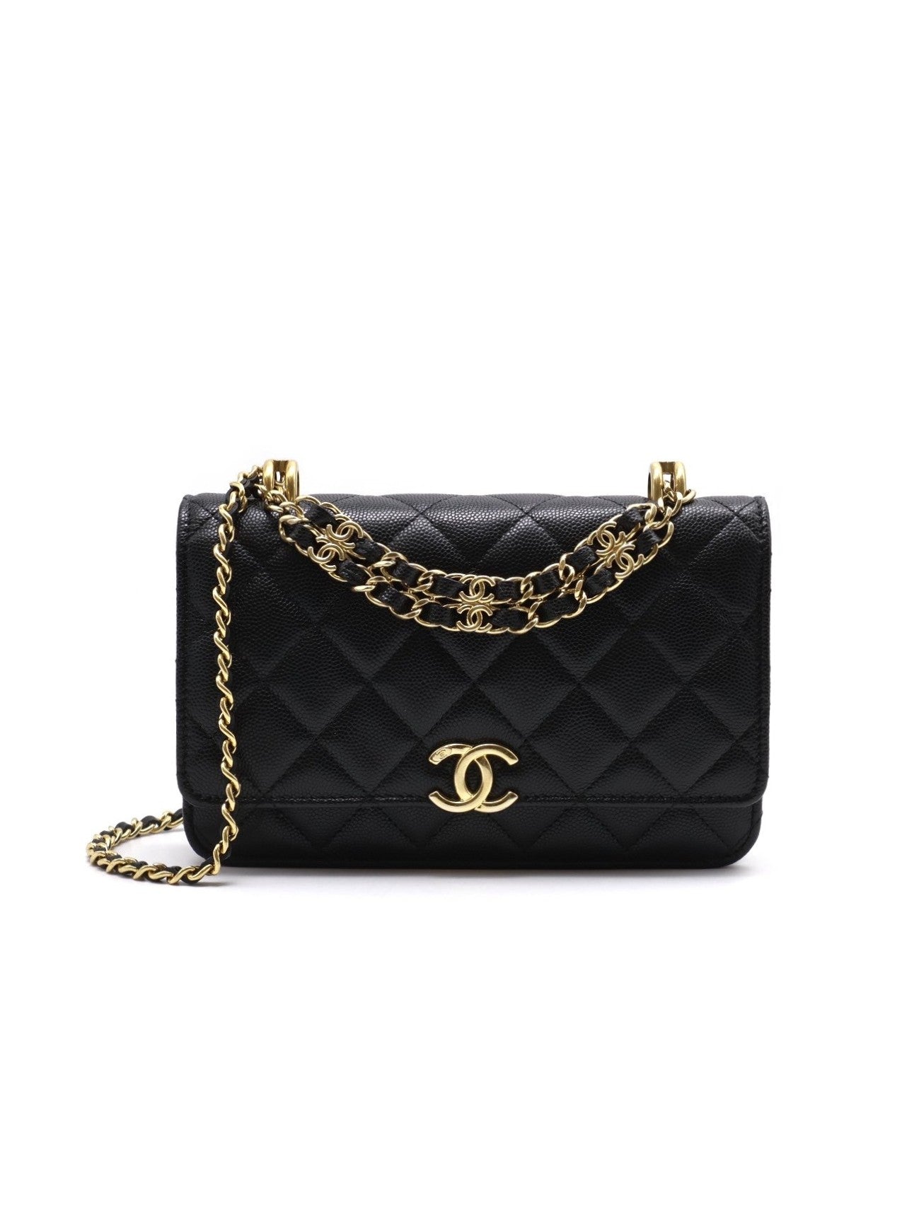 CHANEL 22K雙C皮穿鍊WOC - 粒面牛皮黑金