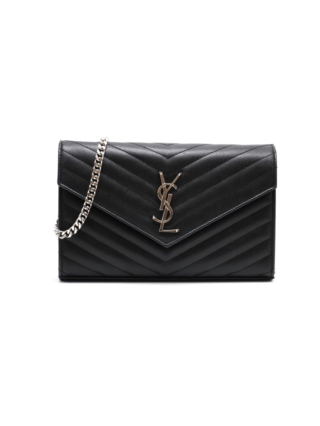 YSL 經典V紋粒面牛皮WOC - 22 黑銀
