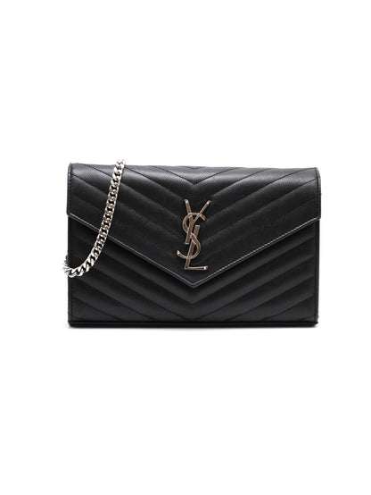 YSL 經典V紋粒面牛皮WOC - 22 黑銀