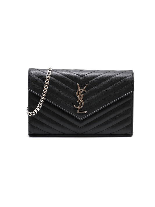 YSL 經典V紋粒面牛皮WOC - 22 黑銀