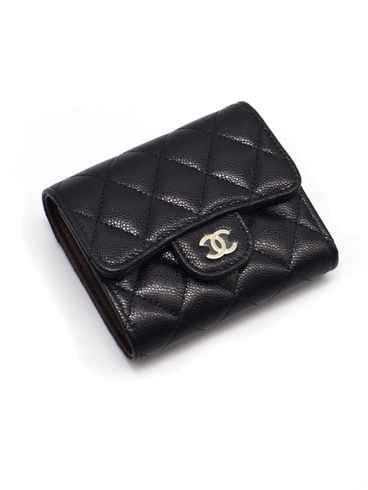 CHANEL 經典口蓋三折零錢袋短夾 - 黑金