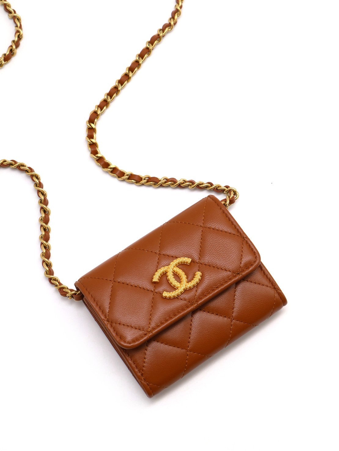 CHANEL 23A雙層小鍊包 - 焦糖棕金