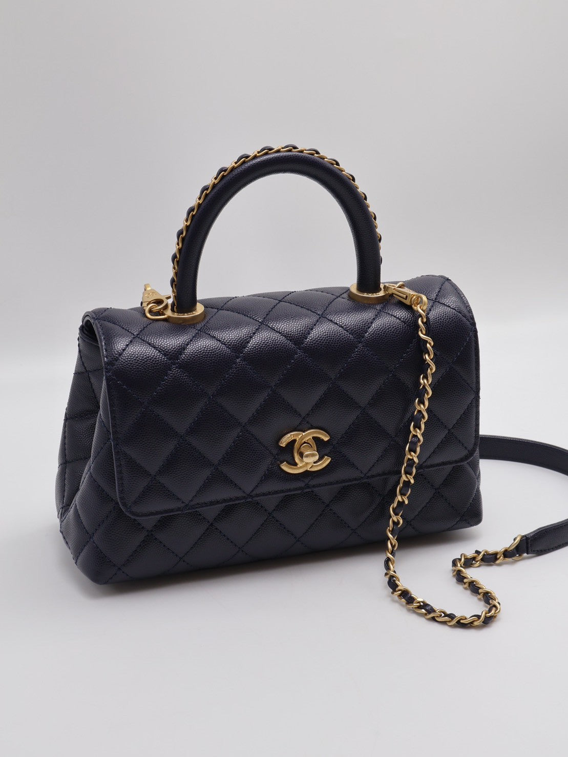 CHANEL Coco handle皮穿鍊手柄 - 小號深藍金