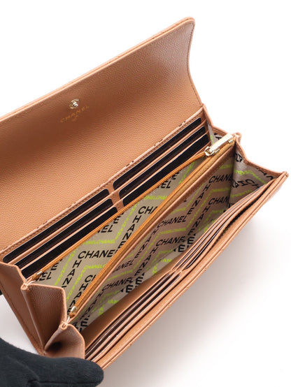 CHANEL 24K粒面牛皮雙折絲巾長夾 - 焦糖金