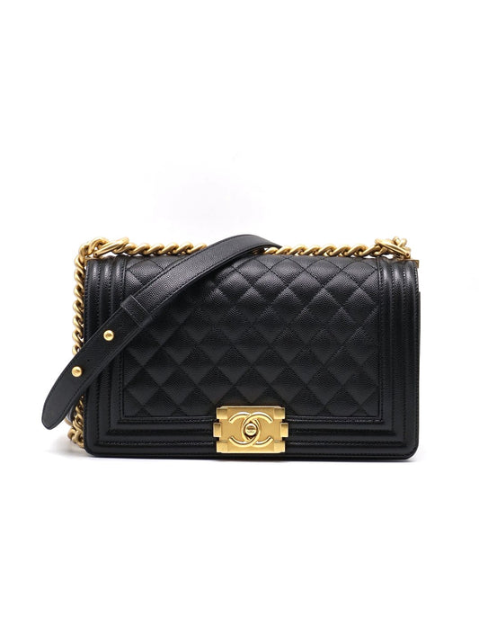 CHANEL Boy25 粒面牛皮口蓋包 - 黑金
