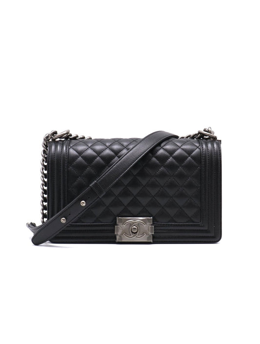 CHANEL Boy25 粒面牛皮口蓋包 - 黑銀