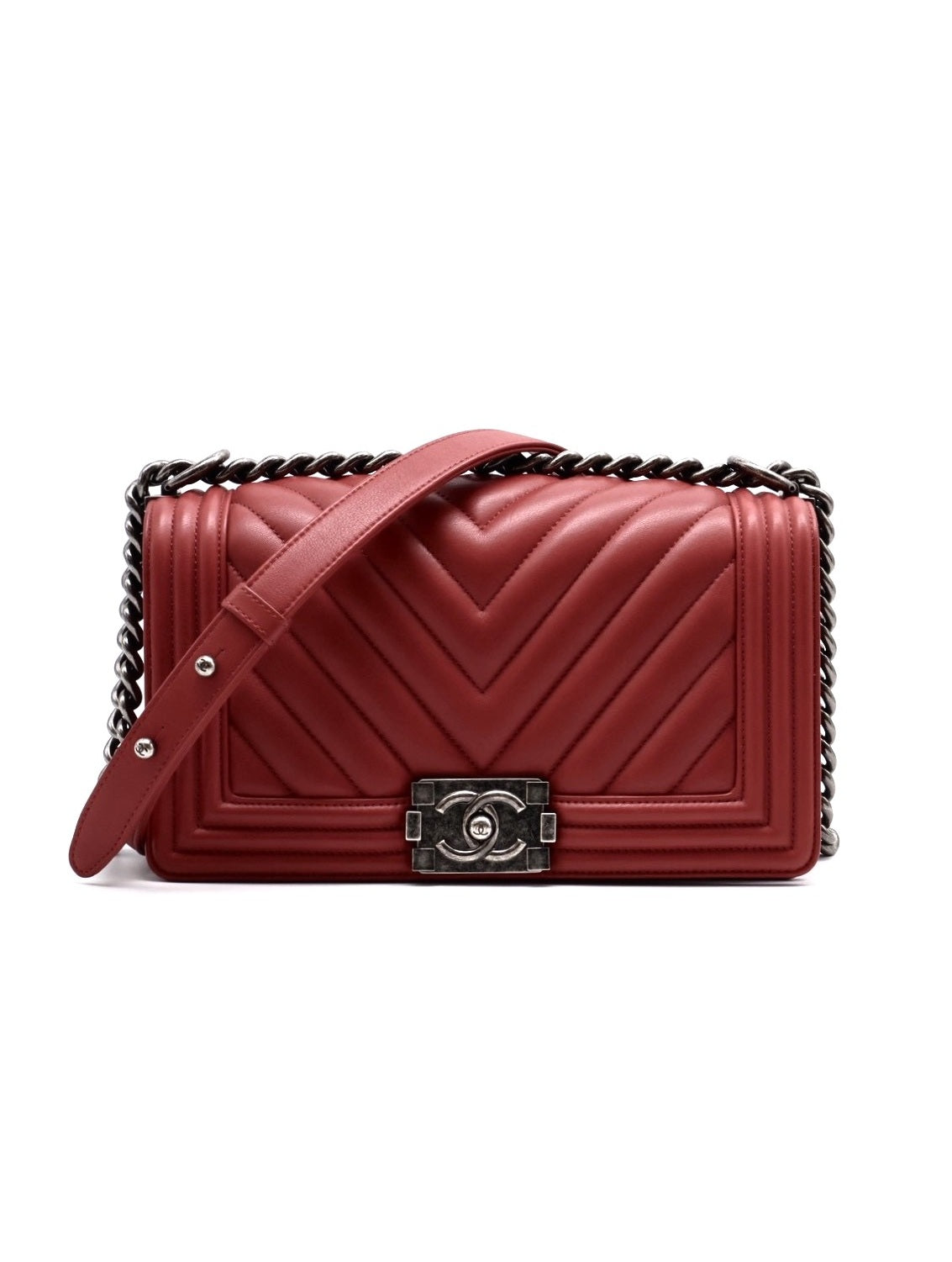 CHANEL Boy25 V紋牛皮口蓋包 - 紅銀22開