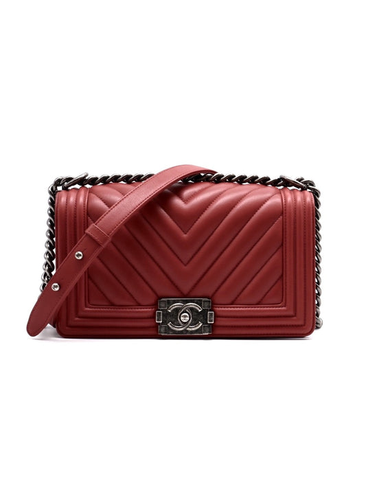 CHANEL Boy25 V紋牛皮口蓋包 - 紅銀22開