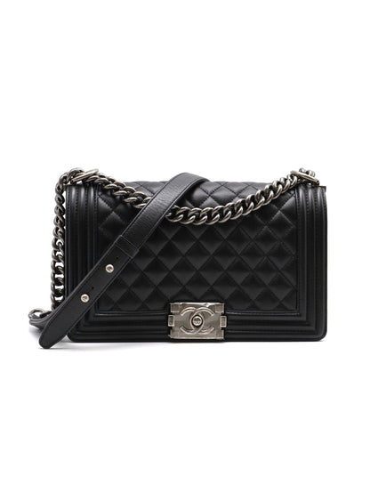 CHANEL Boy25 粒面牛皮口蓋包 - 黑銀