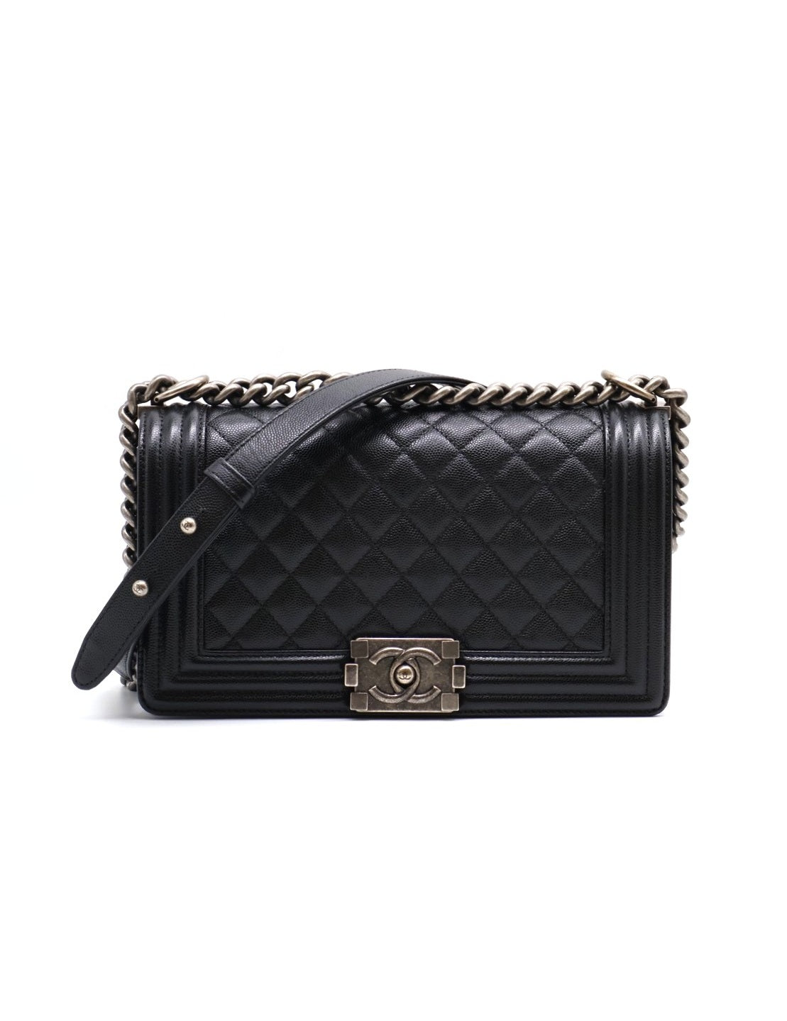 CHANEL Boy25 粒面牛皮口蓋包 - 黑銀26開