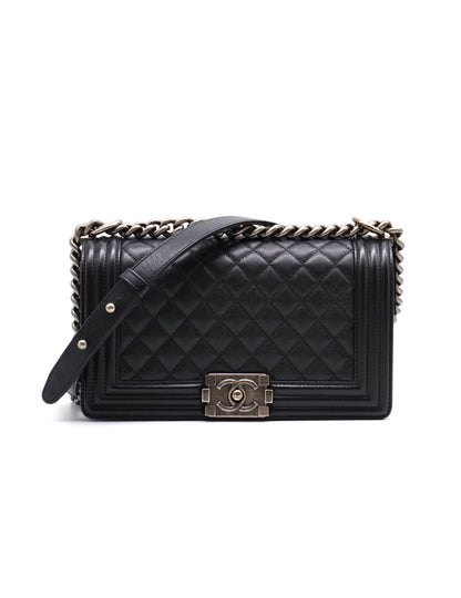 CHANEL Boy25 粒面牛皮口蓋包 - 黑銀26開