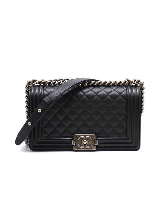 CHANEL Boy25 粒面牛皮口蓋包 - 黑銀26開