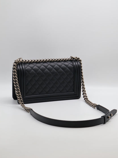 CHANEL Boy25 粒面牛皮口蓋包 - 黑銀29開