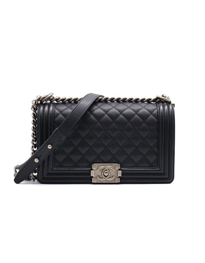 CHANEL Boy25 粒面牛皮口蓋包 - 黑銀29開