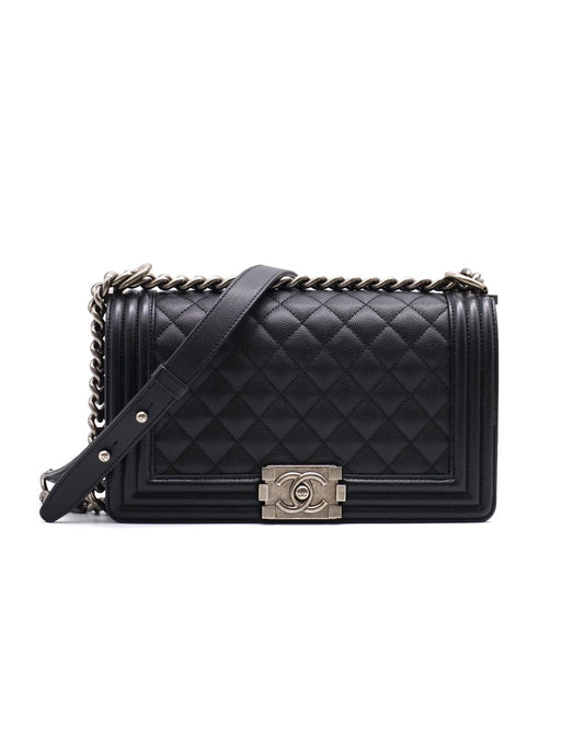 CHANEL Boy25 粒面牛皮口蓋包 - 黑銀29開