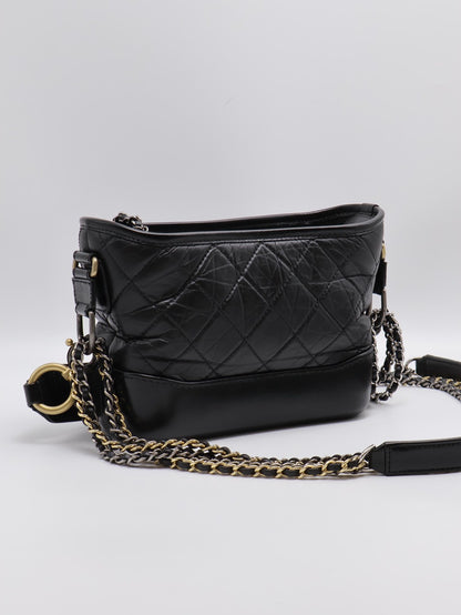 CHANEL 皮穿鍊字母提把雙鍊條流浪包 - 小號黑29開