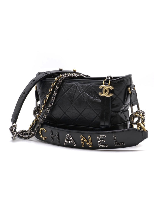 CHANEL 皮穿鍊字母提把雙鍊條流浪包 - 小號黑29開