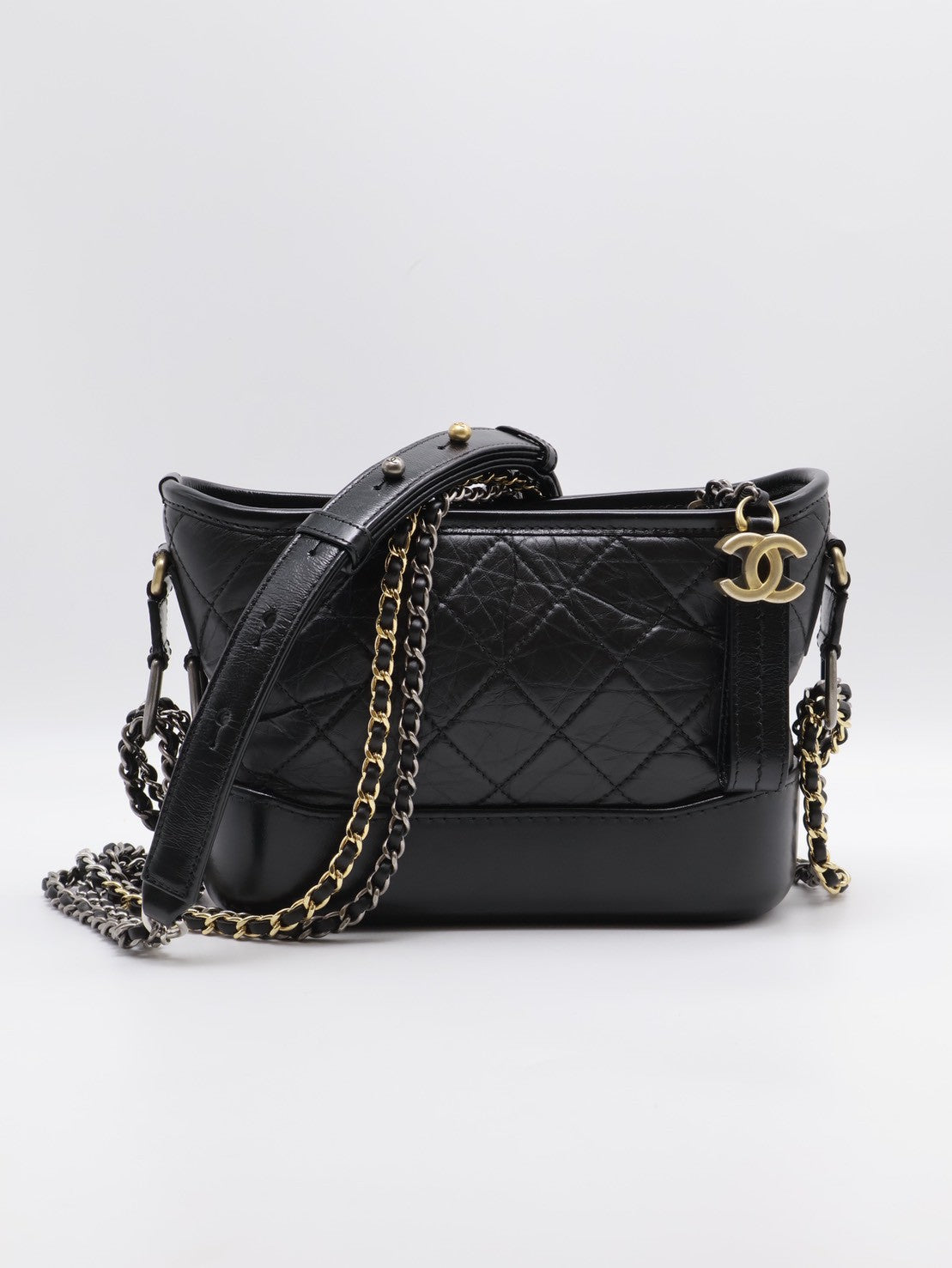 CHANEL 皮穿鍊字母提把雙鍊條流浪包 - 小號黑29開