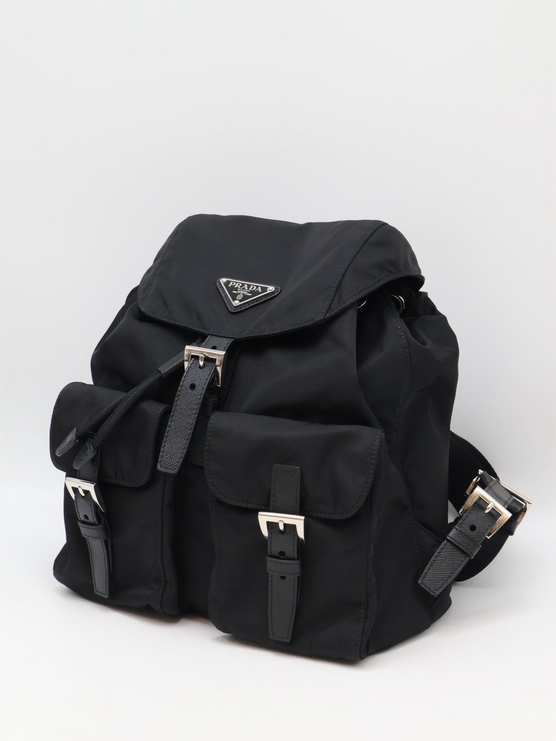PRADA Re-Nylon雙口袋束繩後背包 - 小號黑銀
