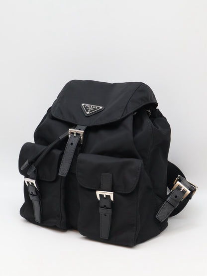 PRADA Re-Nylon雙口袋束繩後背包 - 小號黑銀