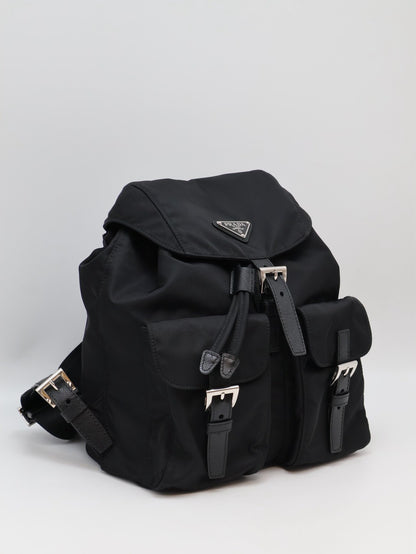 PRADA Re-Nylon雙口袋束繩後背包 - 小號黑銀